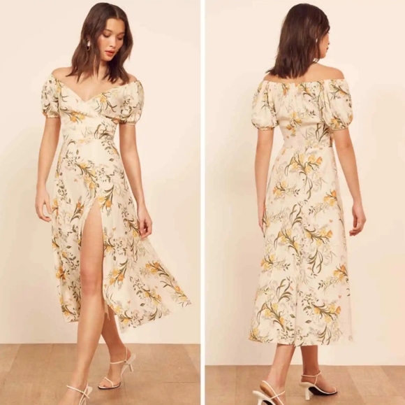 Reformation Dresses & Skirts - Reformation Pearl Dress Aurora Floral Cream Ivory Orange Gold Puff Sleeve Midi 2